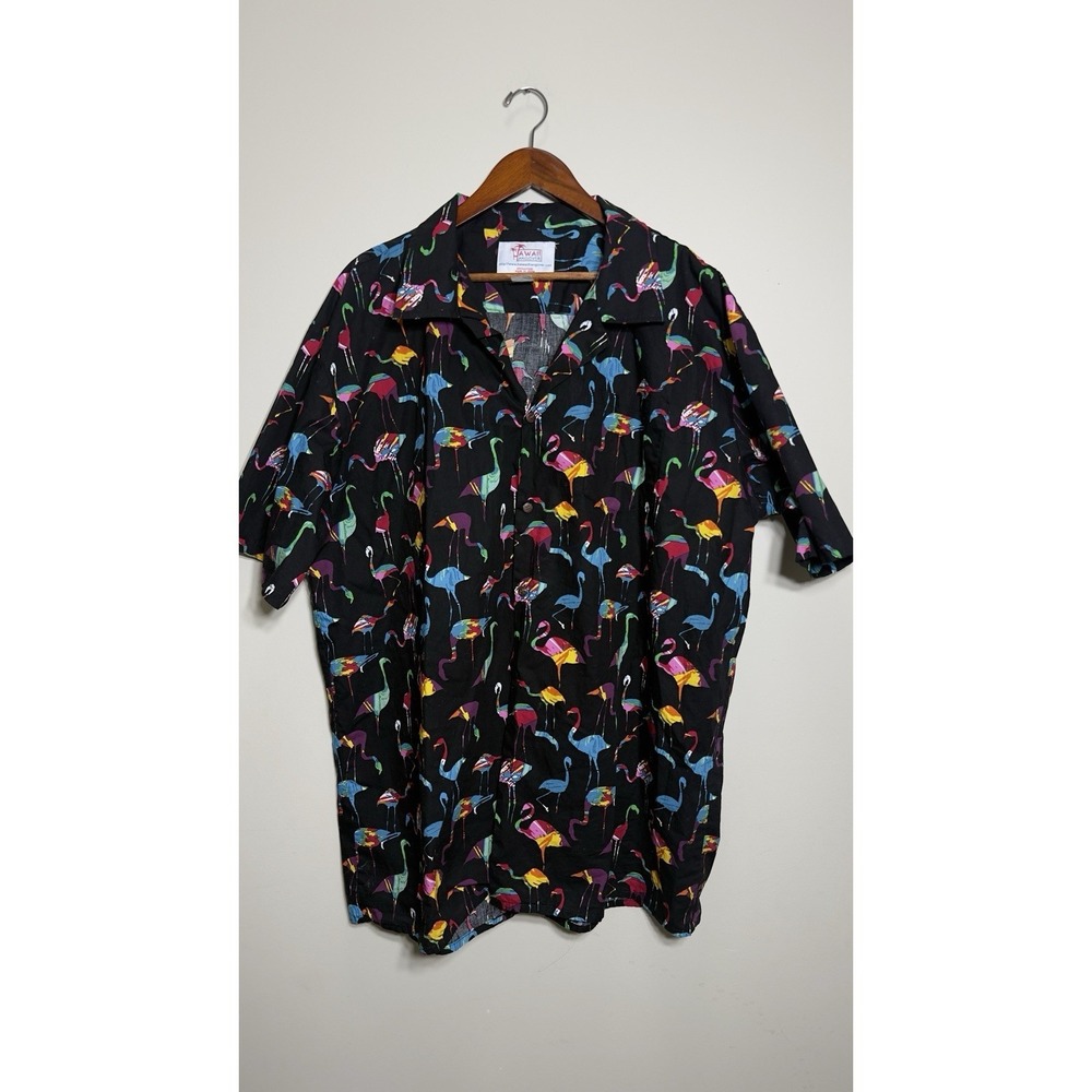 Hawaii Hangover Tropical Camp Shirt Mens 2XL Black Flamingo Party AOP Button Up